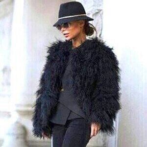 💋BOHO CHIC💋 GORGEOUS Black Faux Fox Fur Jacket